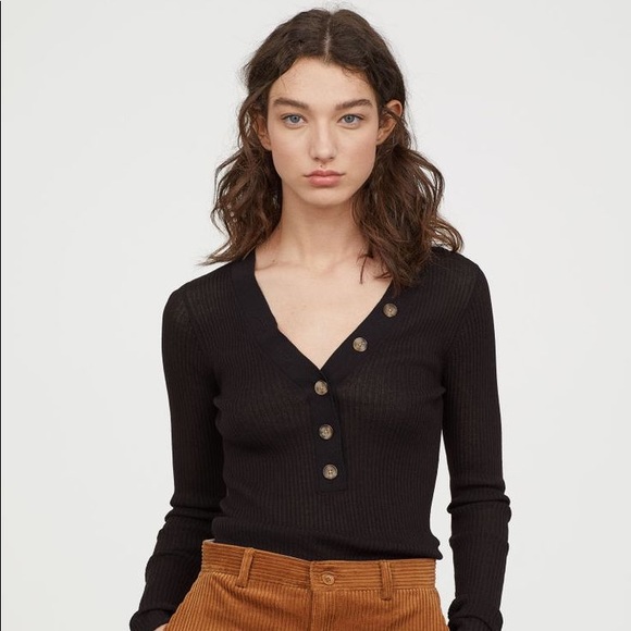 Dark blue ribbed shirt top with buttons - Picture 1 of 5